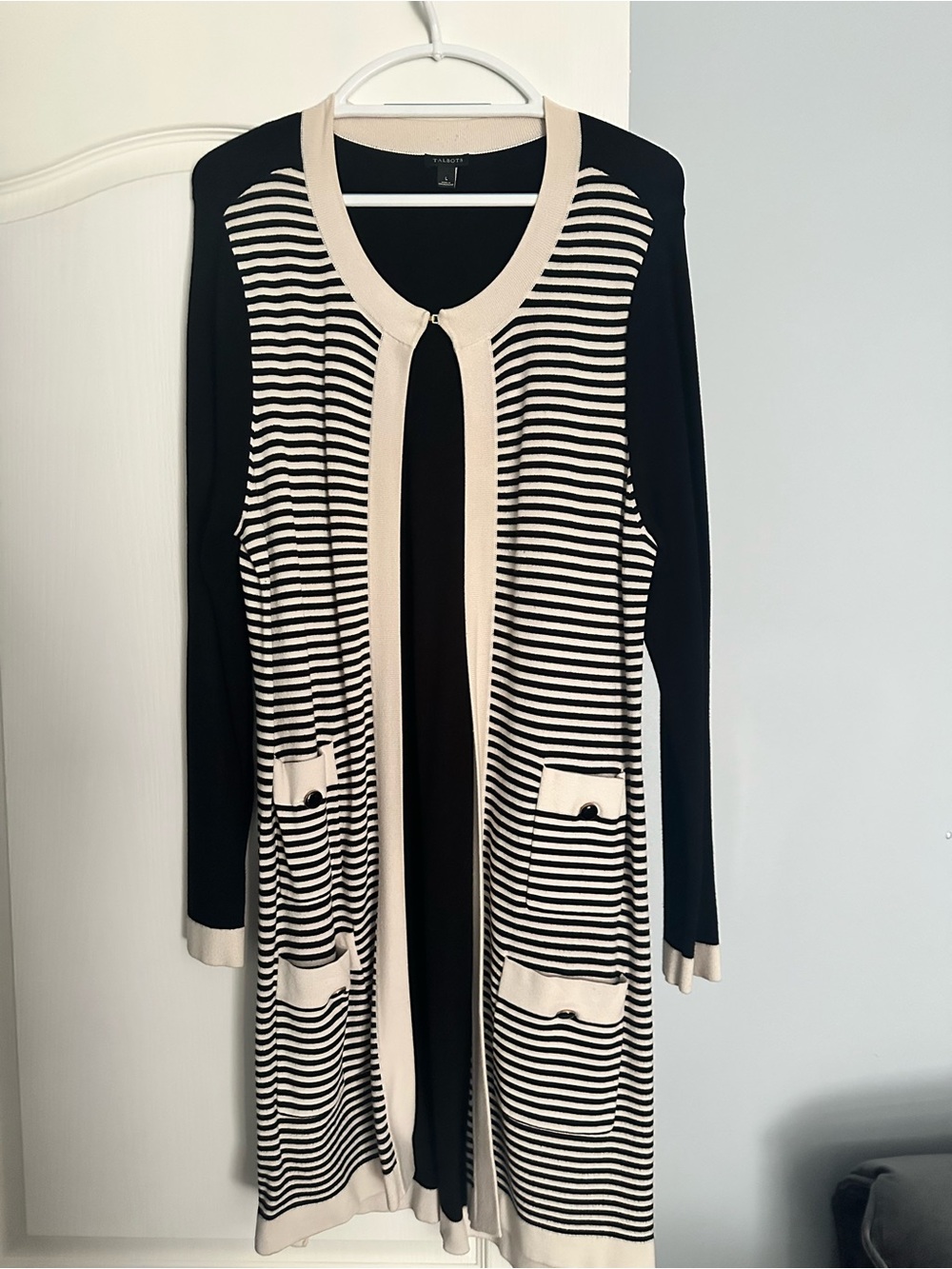 Talbots Black and Cream Striped Open-Front Cardigan with Pocket Details